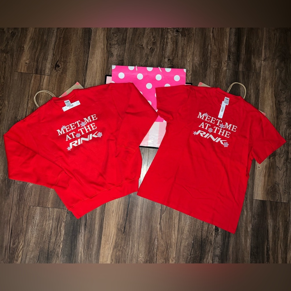 NWT VS PINK Size SMALL Winter Logo Crew Sweatshirt & Matching Campus Tee Set.